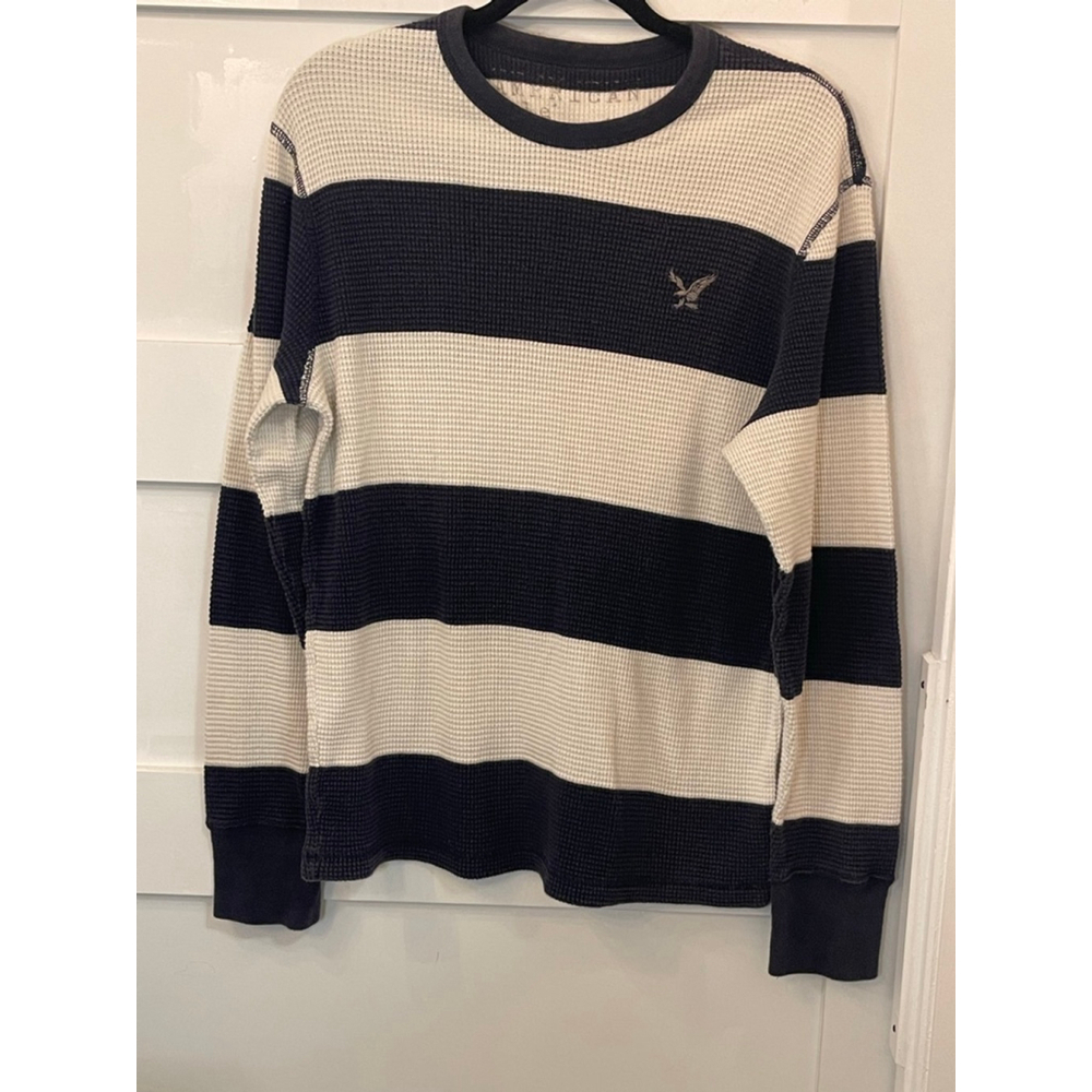 VTG American Eagle AEO Waffle Knit Shirt Men’s Large Navy Cream Stripe Thermal
